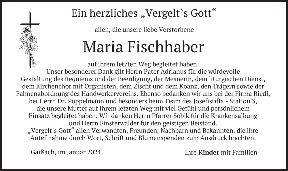  Traueranzeige für Maria Fischhaber vom 20.01.2024 aus merkurtz