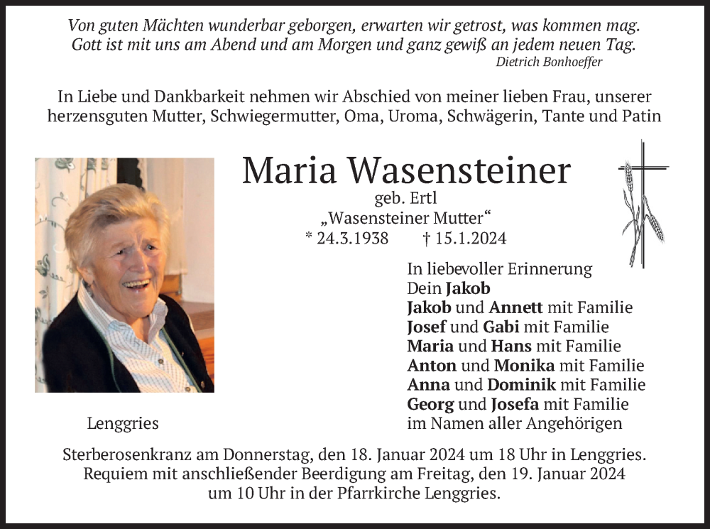  Traueranzeige für Maria Wasensteiner vom 17.01.2024 aus merkurtz