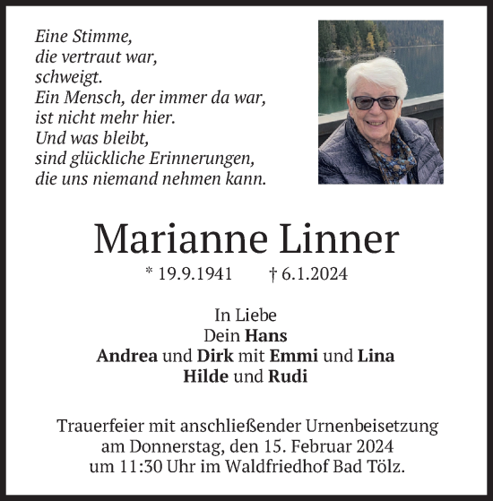 Traueranzeige von Marianne Linner von merkurtz