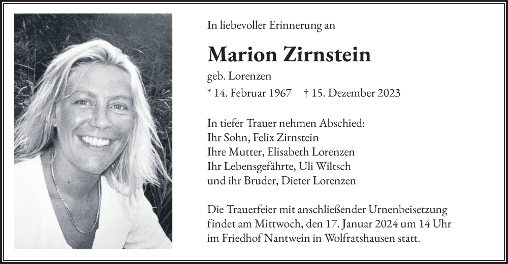  Traueranzeige für Marion Zirnstein vom 13.01.2024 aus merkurtz