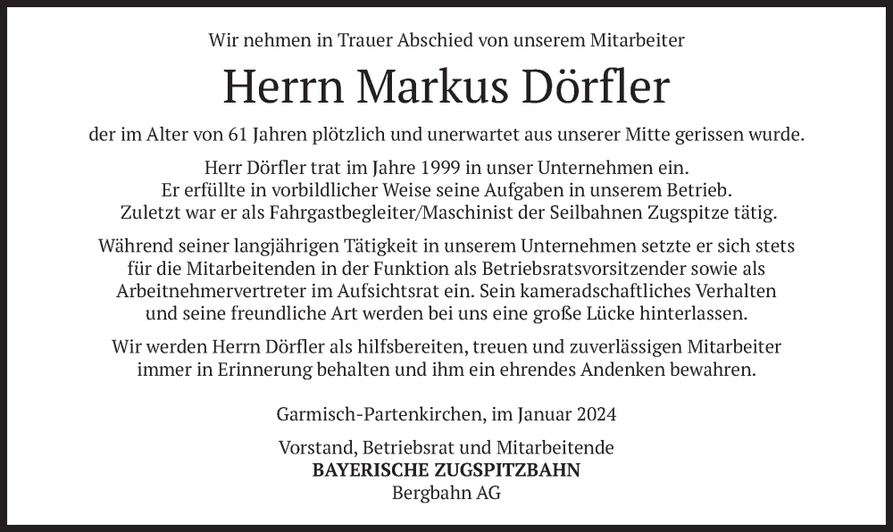  Traueranzeige für Markus Dörfler vom 15.01.2024 aus merkurtz