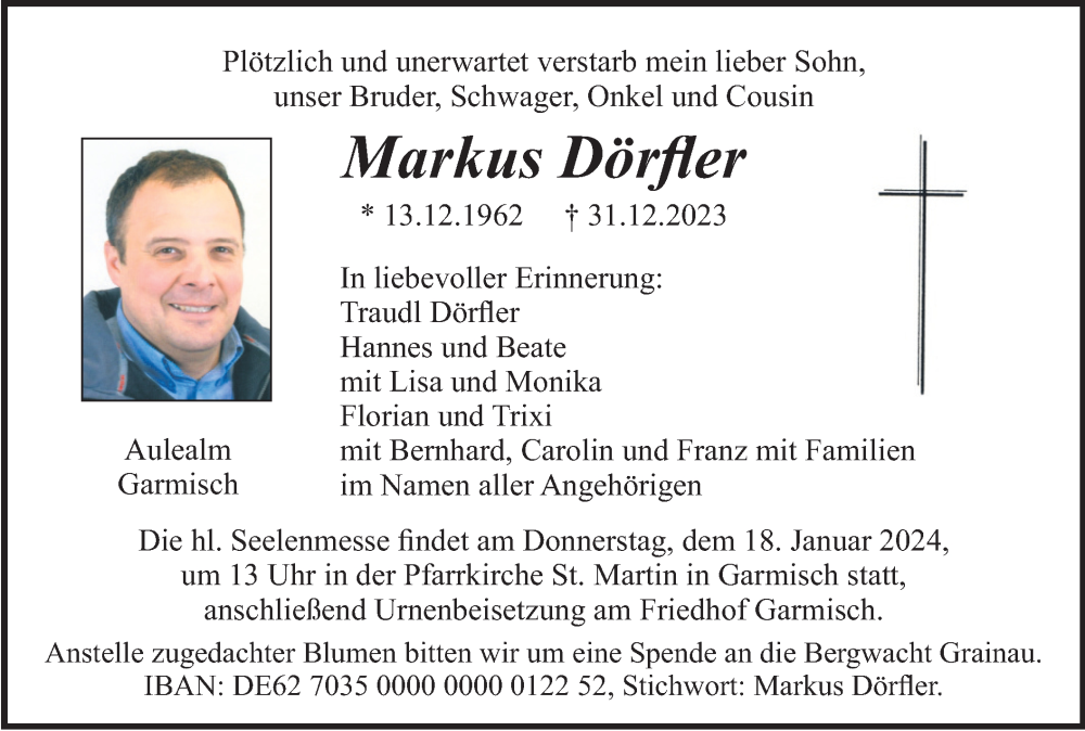  Traueranzeige für Markus Dörfler vom 13.01.2024 aus merkurtz