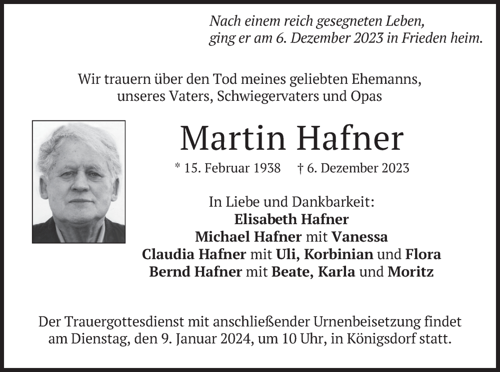  Traueranzeige für Martin Hafner vom 05.01.2024 aus merkurtz