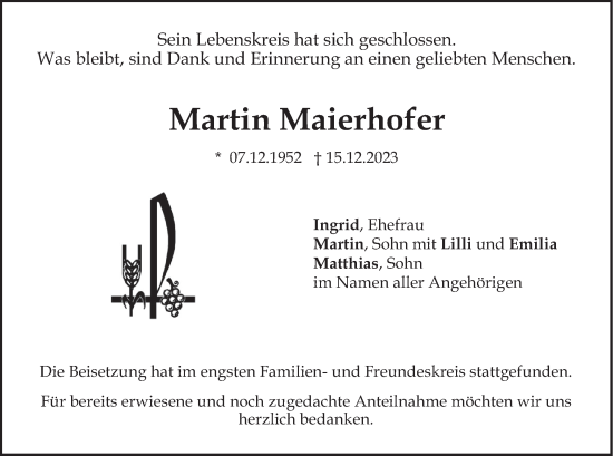Traueranzeige von Martin Maierhofer von merkurtz