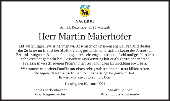 Traueranzeige von Martin Maierhofer von merkurtz