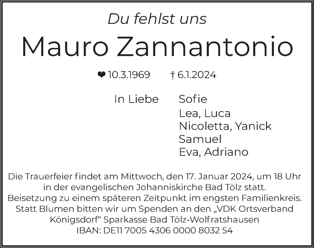  Traueranzeige für Mauro Zannantonio vom 13.01.2024 aus merkurtz