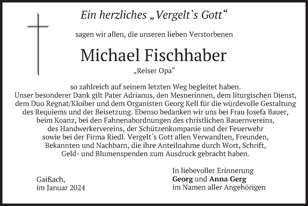  Traueranzeige für Michael Fischhaber vom 20.01.2024 aus merkurtz