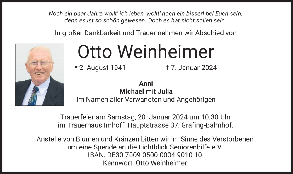  Traueranzeige für Otto Weinheimer vom 13.01.2024 aus merkurtz