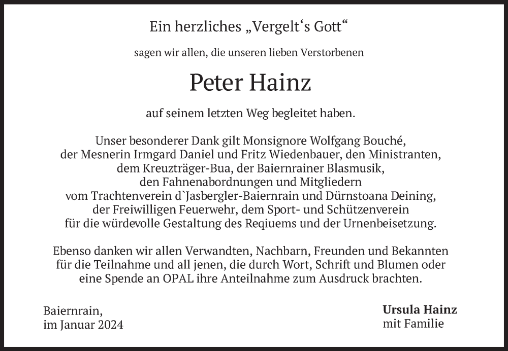 Traueranzeige für Peter Hainz vom 12.01.2024 aus merkurtz