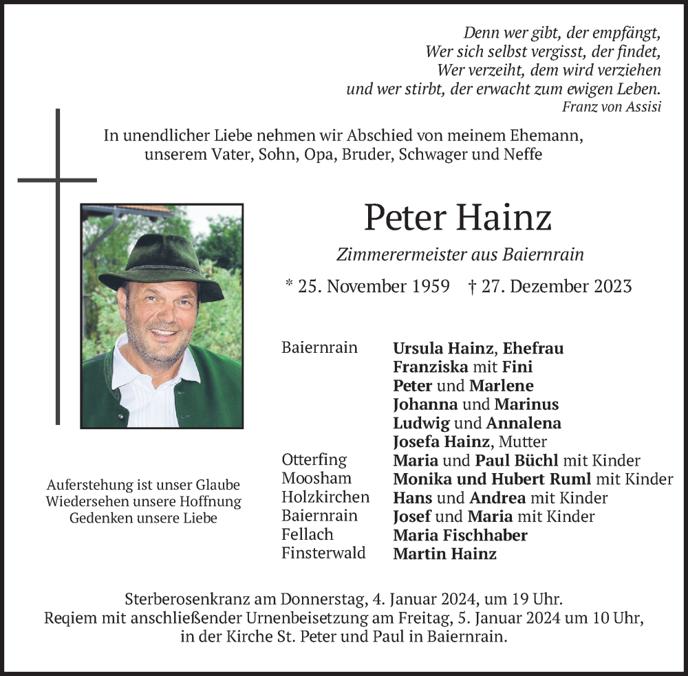  Traueranzeige für Peter Hainz vom 02.01.2024 aus merkurtz
