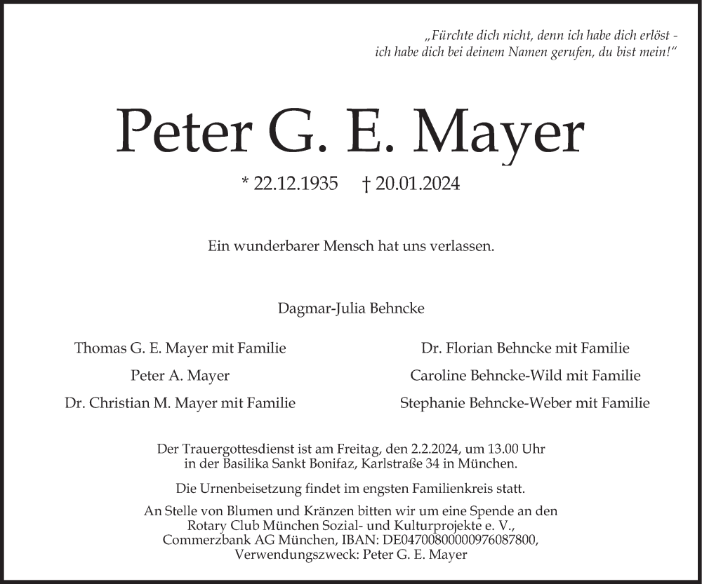  Traueranzeige für Peter G. E. Mayer vom 27.01.2024 aus merkurtz