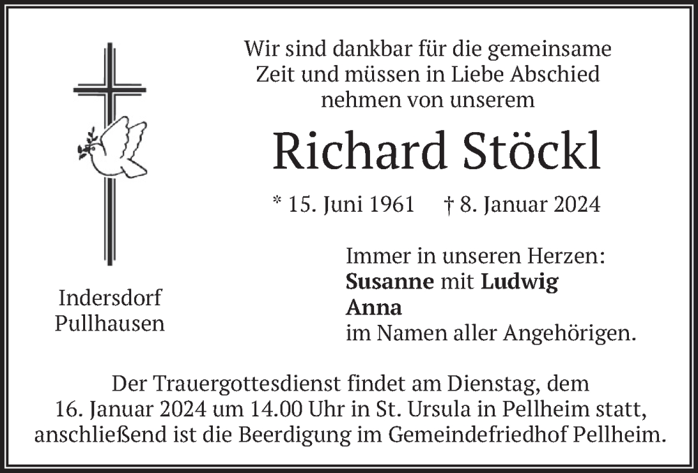  Traueranzeige für Richard Stöckl vom 13.01.2024 aus merkurtz