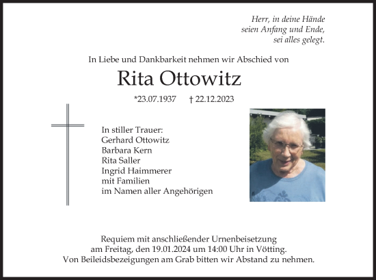 Traueranzeige von Rita Ottowitz von merkurtz