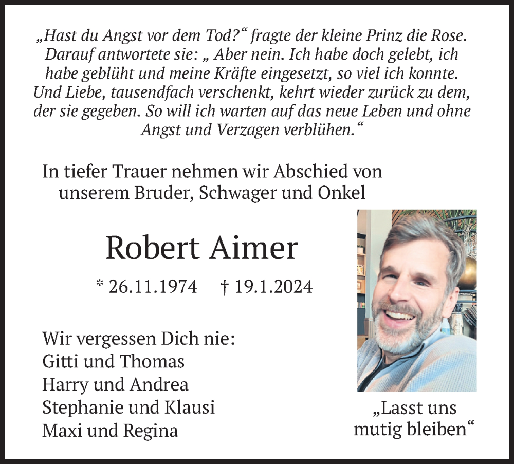  Traueranzeige für Robert Aimer vom 27.01.2024 aus merkurtz