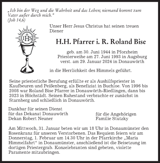 Traueranzeige von Roland Bise von merkurtz