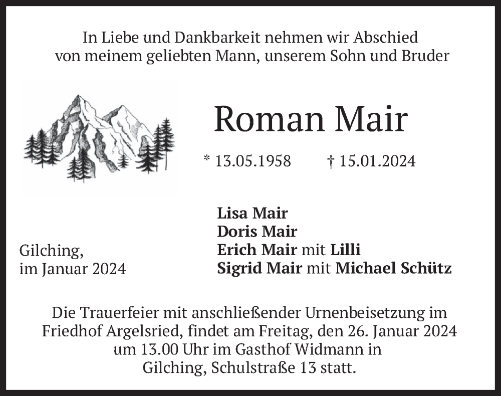  Traueranzeige für Roman Mair vom 20.01.2024 aus merkurtz