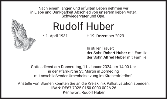 Traueranzeige von Rudolf Huber