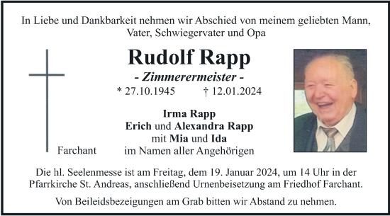 Traueranzeige von Rudolf Rapp von merkurtz