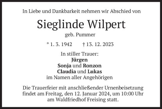 Traueranzeige von Sieglinde Wilpert von merkurtz