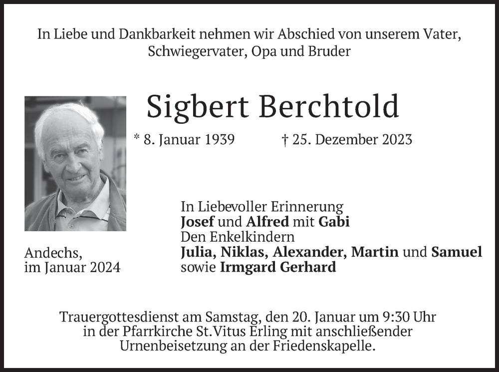  Traueranzeige für Sigbert Berchtold vom 13.01.2024 aus merkurtz
