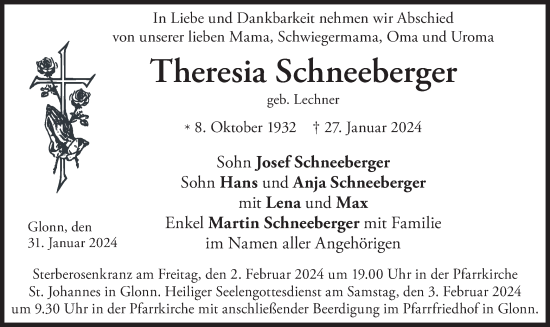 Traueranzeige von Theresia Schneeberger