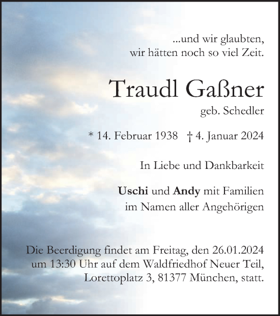 Traueranzeige von Traudl Gaßner von merkurtz