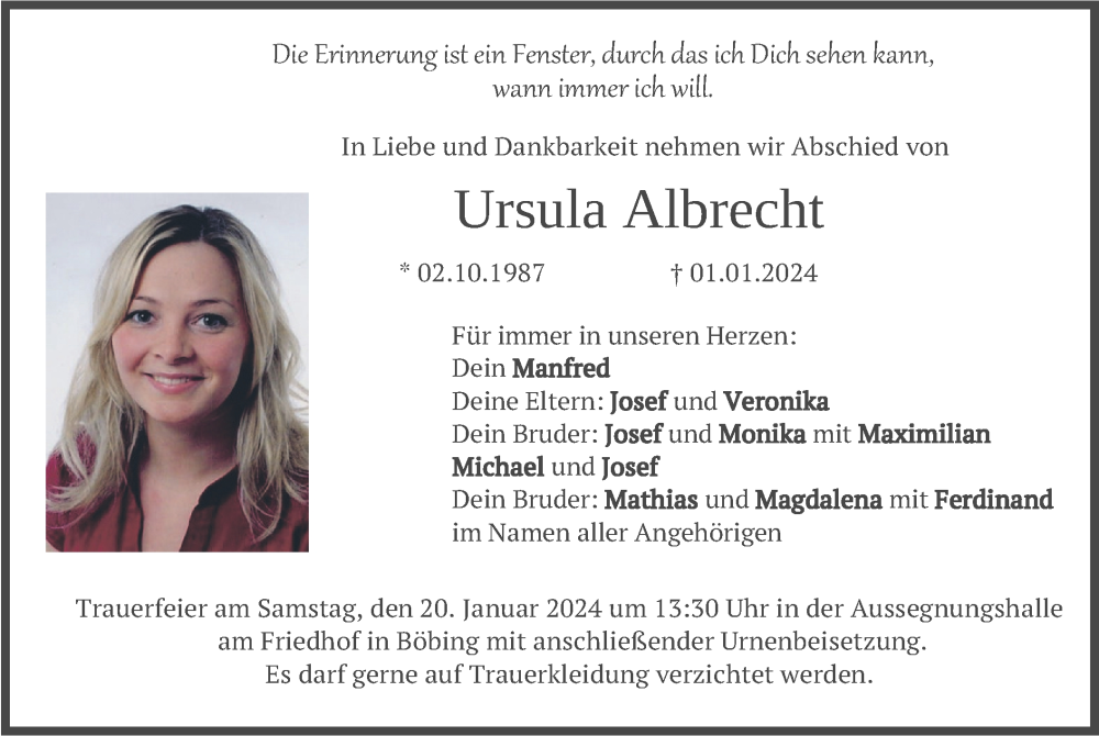  Traueranzeige für Ursula Albrecht vom 17.01.2024 aus merkurtz