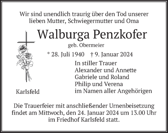 Traueranzeige von Walburga Penzkofer von merkurtz