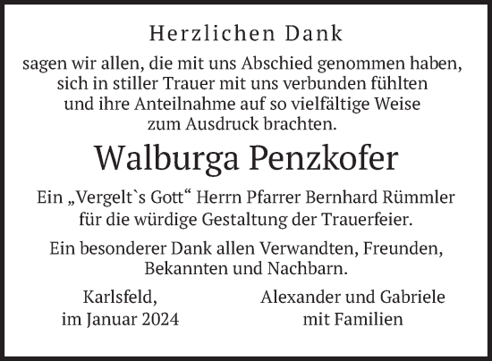 Traueranzeige von Walburga Penzkofer von merkurtz