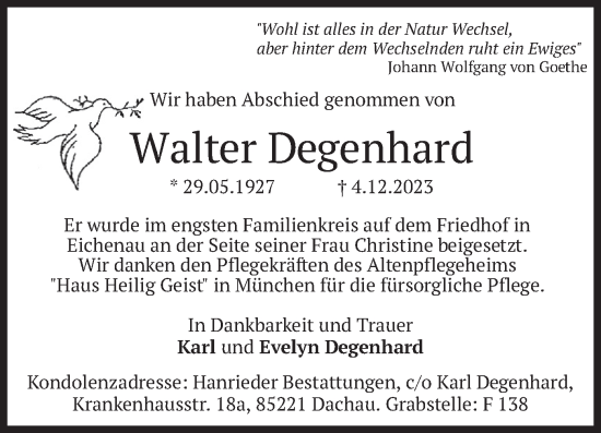 Traueranzeige von Walter Degenhard von merkurtz