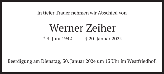 Traueranzeige von Werner Zeiher von merkurtz