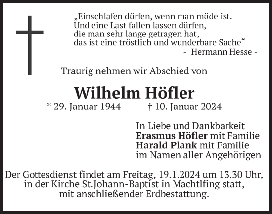 Traueranzeige von Wilhelm Höfler von merkurtz