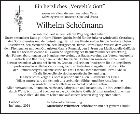 Traueranzeige von Wilhelm Schöfmann von merkurtz