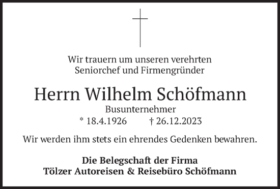 Traueranzeige von Wilhelm Schöfmann von merkurtz