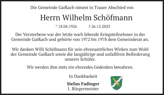 Traueranzeige von Wilhelm Schöfmann von merkurtz