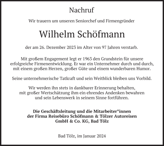 Traueranzeige von Wilhelm Schöfmann von merkurtz
