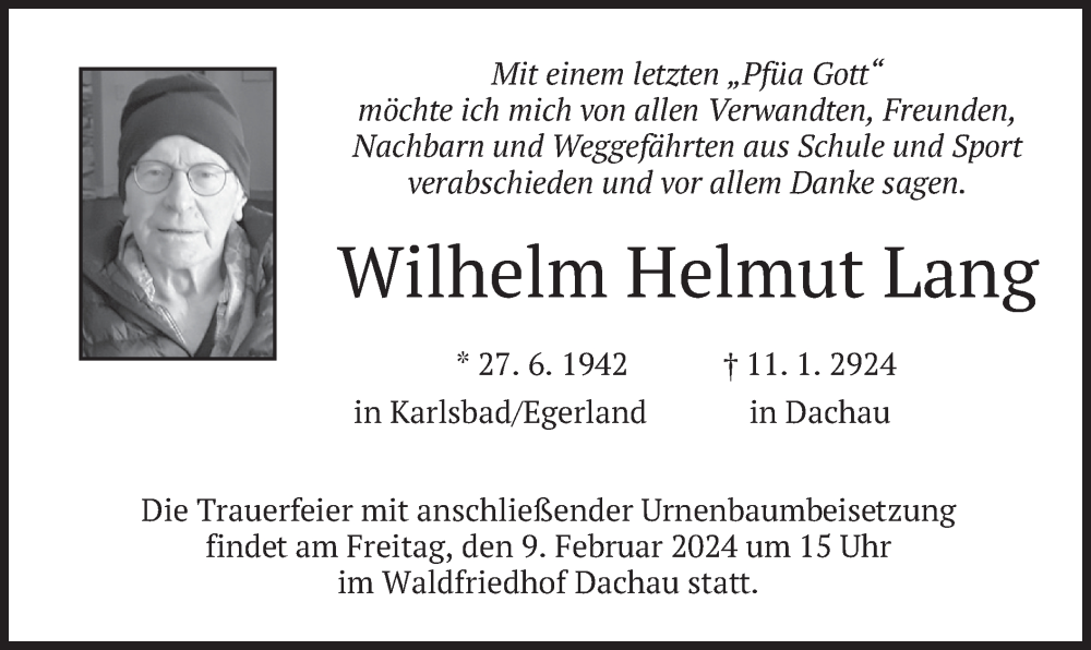  Traueranzeige für Wilhelm Helmut Lang vom 27.01.2024 aus merkurtz