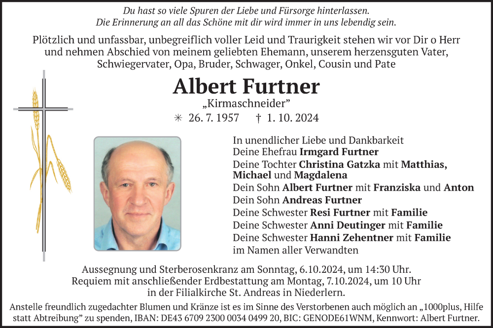  Traueranzeige für Albert Furtner vom 05.10.2024 aus merkurtz