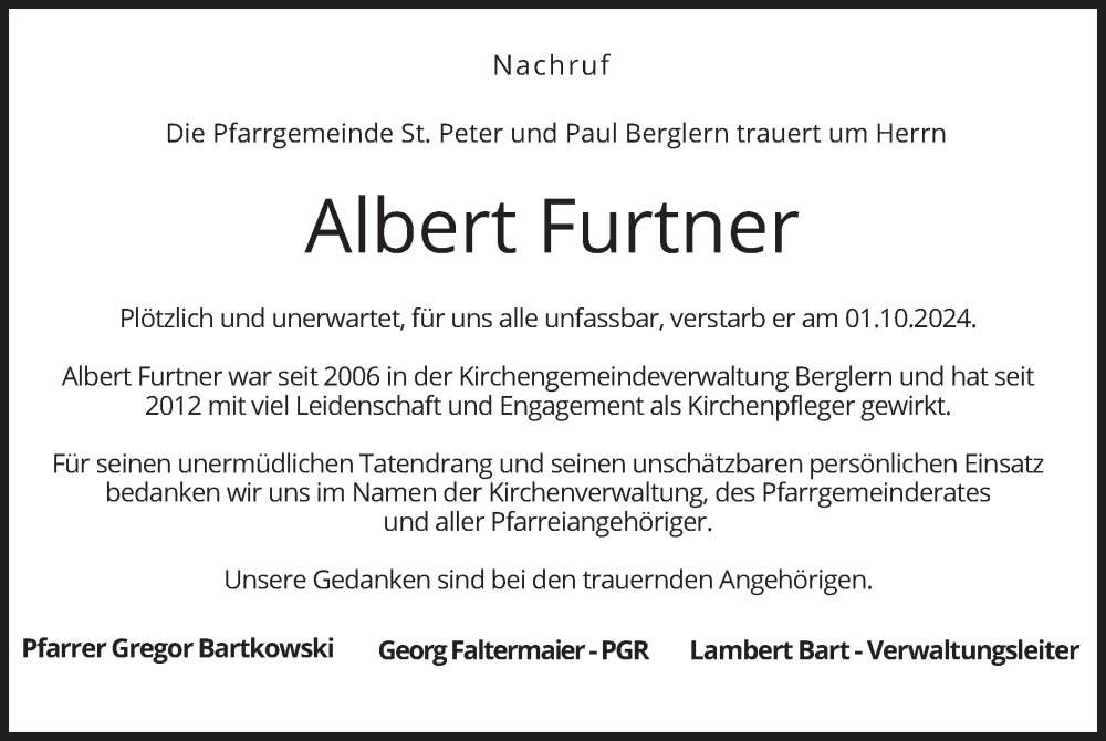  Traueranzeige für Albert Furtner vom 07.10.2024 aus merkurtz