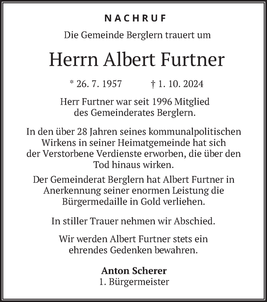  Traueranzeige für Albert Furtner vom 05.10.2024 aus merkurtz