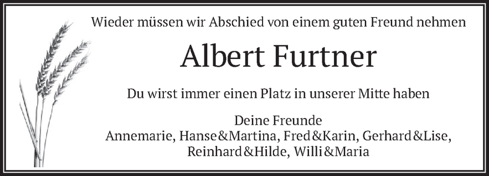  Traueranzeige für Albert Furtner vom 05.10.2024 aus merkurtz