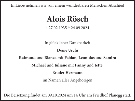 Traueranzeige von Alois Rösch von merkurtz
