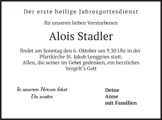 Traueranzeige von Alois Stadler von merkurtz