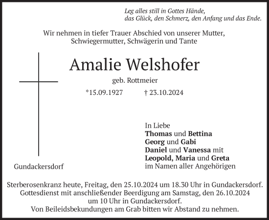 Traueranzeige von Amalie Welshofer von merkurtz