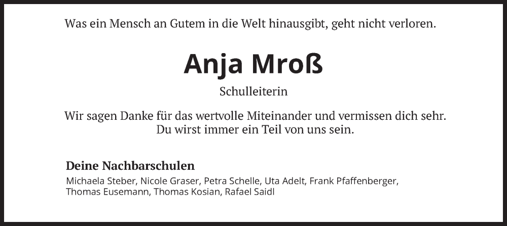  Traueranzeige für Anja Mroß vom 21.10.2024 aus merkurtz