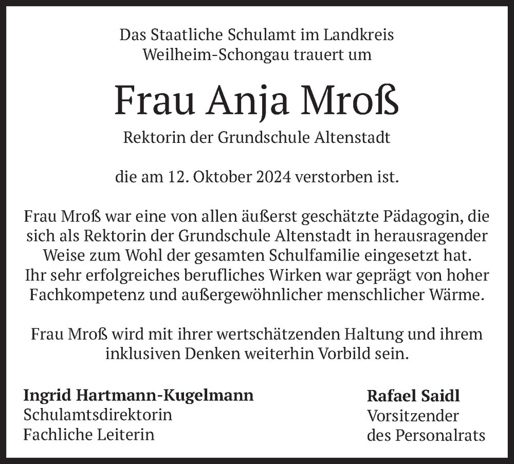  Traueranzeige für Anja Mroß vom 19.10.2024 aus merkurtz