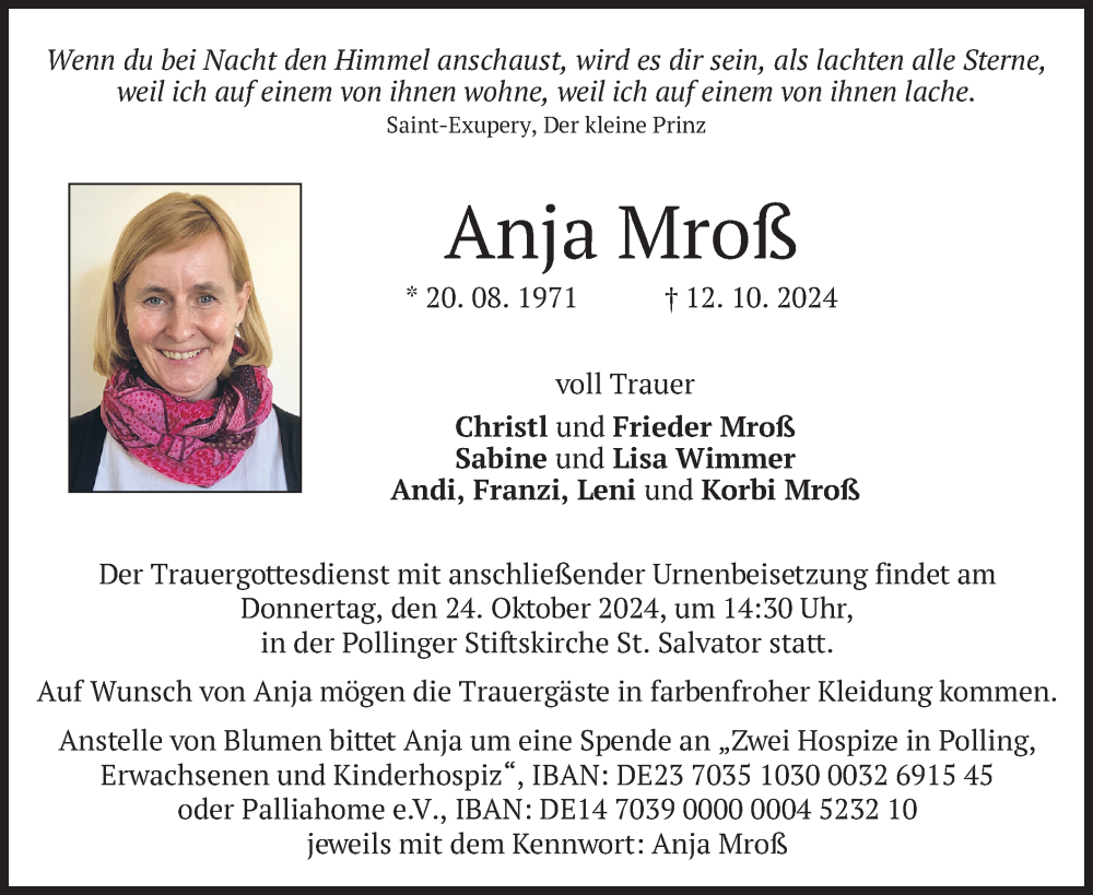  Traueranzeige für Anja Mroß vom 19.10.2024 aus merkurtz