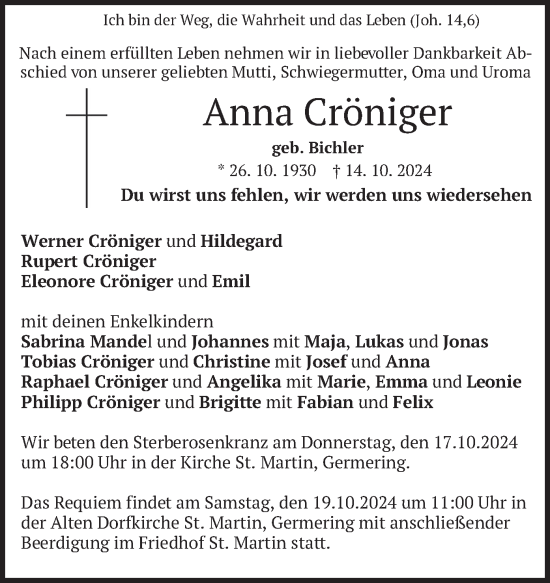 Traueranzeige von Anna Cröniger von merkurtz