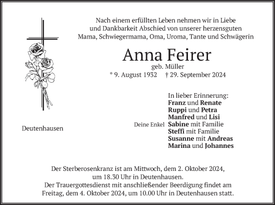 Traueranzeige von Anna Feirer von merkurtz