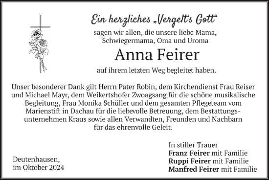 Traueranzeige von Anna Feirer von merkurtz